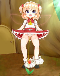 1girl blonde_hair bloomers bloomers_around_one_leg blue_eyes cleft_of_venus clothes_lift door fairy fairy_wings fang flower highres hinainf loli outdoors pee peeing pussy ribbon short_hair skirt skirt_lift smile solo sunny_milk touhou tree twintails two_side_up uncensored underwear wings rating:Explicit score:184 user:danbooru