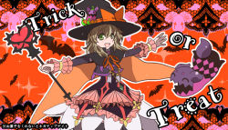 1girl adapted_costume bad_id bad_pixiv_id bat_(animal) brown_hair cape cropped_jacket doll dress elize_lutus frills green_eyes halloween hat orange_background outstretched_arms short_hair smile spread_arms tales_of_(series) tales_of_xillia teepo_(tales) toraneko trick_or_treat wand witch_hat rating:Sensitive score:1 user:danbooru