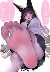 1girl absurdres animal_ears barefoot black_hair blush feet heart heart-shaped_pupils highres long_hair looking_at_viewer open_mouth red_eyes soles steam symbol-shaped_pupils toes translated w_(w64851564)  rating:Sensitive score:42 user:ssfl