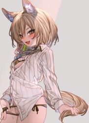  1girl animal_ear_fluff animal_ears arknights beanstalk_(arknights) blush bra breasts brown_bra brown_eyes brown_hair brown_panties censored cleft_of_venus commentary_request green_ribbon hair_between_eyes highres hyena_ears hyena_girl hyena_tail kochiya_(gothope) long_hair long_sleeves looking_at_viewer mosaic_censoring open_clothes open_mouth open_shirt panties pulled_by_self pussy ribbon shirt side-tie_panties simple_background small_breasts solo underwear white_shirt 