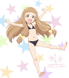  1girl :d absurdres barefoot bikini black_bikini blush bow brown_hair commentary_request flat_chest full_body hair_bow highres ichihara_nina idolmaster idolmaster_cinderella_girls loli long_hair looking_at_viewer mayafufu micro_bikini open_mouth outstretched_arms smile soles solo standing standing_on_one_leg star_(symbol) starry_background swimsuit toes white_background yellow_bow yellow_eyes 