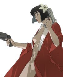  1girl aizheajsee black_hair breasts coat dual_wielding flower from_side ghost_in_the_shell gun hair_flower hair_ornament highres holding holding_gun holding_weapon kusanagi_motoko looking_to_the_side medium_breasts navel nude open_clothes open_coat red_coat short_hair simple_background solo weapon white_background 