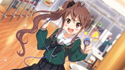  22/7 22/7_ongaku_no_jikan 2girls black_skirt blurry blush_stickers bow bowtie brown_eyes brown_hair brown_scrunchie cafeteria collarbone depth_of_field dutch_angle earbuds earphones game_cg green_bow green_bowtie green_shirt hair_ornament hair_scrunchie high_side_ponytail highres holding holding_earphones indoors lens_flare light_particles long_hair long_sleeves looking_at_viewer multiple_girls non-web_source notice_lines official_art open_mouth plaid plaid_skirt pleated_skirt sailor_collar school_emblem school_uniform scrunchie serafuku shirt skirt smile solo_focus sparkle standing toda_jun upper_body white_sailor_collar wooden_floor 