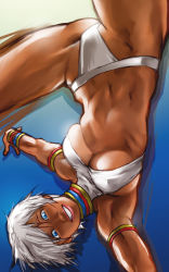  1boy 1girl abs armband armpits blue_eyes bracelet breasts choker covered_erect_nipples dark-skinned_female dark_skin elena_(street_fighter) grey_hair grin handstand highres jewelry large_breasts looking_at_viewer lots_of_jewelry navel one_arm_handstand short_hair smile solo spread_legs street_fighter street_fighter_iii_(series) take_(draghignazzo) toned underboob upside-down white_hair  rating:Sensitive score:38 user:oamlyya