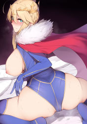 1girl ahoge artoria_pendragon_(fate) artoria_pendragon_(lancer)_(fate) ass bed_sheet blonde_hair blue_gloves blue_leotard blue_thighhighs blush braid breasts breasts_out cameltoe cape cross crown elbow_gloves enosan eyes_visible_through_hair fate/grand_order fate_(series) french_braid fur-trimmed_cape fur_trim gloves green_eyes hair_between_eyes heattech_leotard highres large_breasts leotard leotard_pull long_hair looking_at_viewer looking_back nipples pussy_juice pussy_juice_puddle red_cape sidelocks skindentation solo spread_legs squatting sweat thighhighs turtleneck rating:Explicit score:99 user:danbooru
