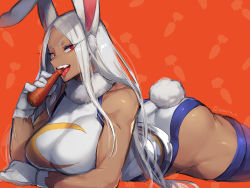 1girl animal_ear_fluff animal_ears arched_back ass bare_shoulders blue_thighhighs boku_no_hero_academia breasts carrot clothing_cutout curvy dark-skinned_female dark_skin eating eyelashes food from_side gloves half-closed_eyes halterneck heattech_leotard highres large_breasts long_hair looking_at_viewer lying mirko open_mouth orange_background parted_bangs rabbit_ears rabbit_girl rabbit_tail red_eyes silver_hair sleeveless smile solo suurin_(ksyaro) tail tail_through_clothes teeth thick_thighs thighhighs thighs tongue tongue_out turtleneck upper_teeth_only vegetable very_long_hair white_gloves rating:Sensitive score:118 user:creck