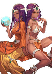  2girls ball bracelet breasts crystal_ball dark-skinned_female dark_skin dragon_quest dragon_quest_iv dress feet_out_of_frame grin hand_up holding holding_ball holding_hands hungry_clicker jewelry long_hair looking_at_viewer manya_(dq4) medium_breasts minea_(dq4) multiple_girls orange_dress purple_eyes purple_hair siblings simple_background single_bare_shoulder sisters sitting smile square_enix teeth twins white_background yokozuwari  rating:Sensitive score:33 user:danbooru