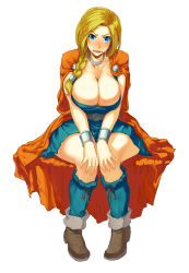  1girl angry bianca_(dq5) blonde_hair blue_eyes blush boots braid breasts cape choker chourui_keiko cleavage dragon_quest dragon_quest_v dress full_body hair_over_shoulder highres huge_breasts knees_together_feet_apart long_hair open_mouth simple_background single_braid sitting solo thick_thighs thighs white_background  rating:Questionable score:66 user:danbooru