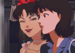  2girls bare_shoulders black_hair blue_shirt bow bow_hairband collarbone collared_shirt commentary dual_persona english_commentary evil_smile hairband highres kirigoe_mima looking_at_another mirror multiple_girls perfect_blue pink_bow red_bow red_eyes red_hairband red_lips reflection shirt short_hair smile standing teeth upper_body v-shaped_eyebrows xela 