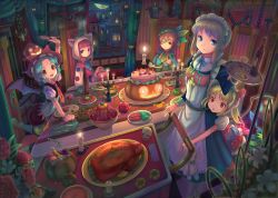  5girls :d alcohol alternate_costume alternate_hairstyle animal_ears animal_hood apple arm_support arm_up bad_id bad_pixiv_id banana bandage_over_one_eye bandages bat_wings beret blonde_hair blue_eyes blue_hair blunt_bangs book bottle bow bowl building buttons cabinet cake candle candy candy_cane chain child cityscape costume cup curtains demon_tail drinking_glass feathers female_focus flail flandre_scarlet fleur-de-lis flower flower_request food fork fruit full_moon grapes halloween hat hat_bow highres holding holding_book hong_meiling hood hoodie indoors izayoi_sakuya jack-o&#039;-lantern knife light_rays lollipop long_hair long_sleeves looking_at_viewer maid maid_headdress moon multiple_girls napkin necktie night one_eye_covered open_book open_mouth patchouli_knowledge plant plate ponytail pudding puffy_short_sleeves puffy_sleeves pumpkin red_eyes red_flower red_hair red_rose remilia_scarlet rose sanntouhei scenery short_hair short_sleeves sidelocks silver_hair skull smile stuffed_animal stuffed_rabbit stuffed_toy swirl_lollipop table tablecloth tail throne touhou tray turkey_(food) wallpaper_(object) weapon window wine wine_bottle wine_glass wings wrist_cuffs  rating:General score:17 user:danbooru