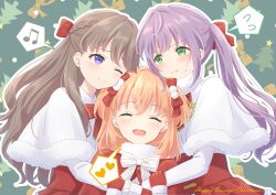  3girls ;3 ^_^ absurdres beamed_eighth_notes blush bow brown_hair capelet christmas closed_eyes closed_mouth clueless commentary_request crossed_bangs english_text flying_sweatdrops fujishima_megumi fur-trimmed_capelet fur_trim fuyu_no_okurimono_(love_live!) girl_sandwich glaring green_background green_eyes hair_bow half_up_braid heart high-waist_skirt highres hinoshita_kaho jealous link!_like!_love_live! long_hair looking_at_another love_live! medium_hair multiple_girls musical_note neck_ribbon official_alternate_costume official_alternate_hairstyle one_eye_closed orange_hair otomune_kozue outline purple_eyes purple_hair red_bow red_capelet red_ribbon red_skirt ribbon sandwiched shirt sidelocks skirt split_mouth spoken_flying_sweatdrops spoken_heart spoken_musical_note striped_ribbon twintails two_side_up virtual_youtuber white_capelet white_outline white_ribbon white_shirt yuri yutuki_ame 