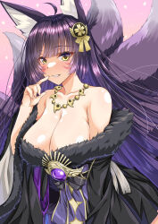  1girl animal_ear_fluff animal_ears azur_lane bare_shoulders breasts cleavage collarbone facial_mark fox_ears fox_girl fox_tail fur-trimmed_kimono fur_trim gekato gem highres japanese_clothes jewelry kimono kitsune kyuubi large_breasts large_tail long_hair long_sleeves looking_at_viewer low_neckline magatama magatama_necklace multiple_tails musashi_(azur_lane) necklace purple_gemstone purple_hair smile solo tail very_long_hair whisker_markings wide_sleeves yellow_eyes 