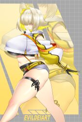  1girl artist_name black_gloves blonde_hair breasts checkered_background closed_mouth cowboy_shot cropped_jacket elegg_(nikke) evil-dei gloves goddess_of_victory:_nikke hair_intakes hair_over_eyes huge_breasts midriff multicolored_hair navel short_hair short_shorts shorts skindentation solo suspenders thighlet two-tone_hair underboob walking zoom_layer 