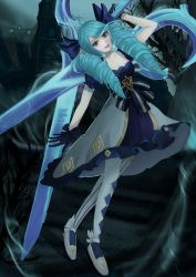 1girl absurdres ahoge aqua_eyes arm_up asymmetrical_legwear bare_tree blue_bow blue_gloves blue_hair blue_theme bow collarbone dress eyelashes eyeshadow fog frilled_dress frills gloves glowing glowing_weapon gwen_(league_of_legends) hair_bow hetero highres holding holding_scissors huge_weapon kabixv521 league_of_legends light_blue_hair long_hair makeup mismatched_legwear outdoors oversized_object parted_lips pink_eyeshadow pink_pupils puffy_sleeves purple_lips ruins scissors smile solo star-shaped_pupils star_(symbol) striped_bow striped_clothes striped_thighhighs symbol-shaped_pupils thighhighs tree twintails vertical-striped_clothes vertical-striped_thighhighs weapon white_footwear white_thighhighs rating:General score:10 user:danbooru