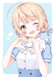 1girl ahoge apple_(zdj0266) blonde_hair blue_background blue_bow blue_bowtie blue_ribbon blush border bow bowtie braid breasts buttons commentary dot_nose eyelashes frills green_eyes hair_ribbon hands_up heart heart_hands highres indie_virtual_youtuber looking_at_viewer medium_hair one_eye_closed open_mouth pom_pom_(clothes) puffy_short_sleeves puffy_sleeves ribbon shigure_ui_(vtuber) short_sleeves sidelocks small_breasts smile solo upper_body virtual_youtuber white_border