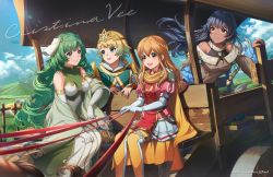  4girls animal armor artist_name athena_(fire_emblem) bare_shoulders black_hair blonde_hair blue_eyes blue_hair blue_sky braid brown_dress brown_eyes cape chariot cloud commentary commission cristina_valenzuela crown_braid dark-skinned_female dark_skin day detached_sleeves dress earrings elbow_gloves english_commentary english_text fire_emblem fire_emblem:_genealogy_of_the_holy_war fire_emblem:_mystery_of_the_emblem fire_emblem:_new_mystery_of_the_emblem fire_emblem_echoes:_shadows_of_valentia fire_emblem_heroes fjorm_(fire_emblem) floating_hair frilled_sleeves frills gloves gradient_hair grass green_dress green_eyes green_hair grin hair_between_eyes hair_ornament highres jewelry kaze-hime lachesis_(fire_emblem) long_hair looking_at_another looking_away miniskirt mountainous_horizon multicolored_hair multiple_girls nintendo off_shoulder open_mouth puffy_short_sleeves puffy_sleeves ribbed_dress sheep short_hair short_sleeves shoulder_armor sidelocks sitting skirt sky sleeveless sleeveless_dress smile tatiana_(fire_emblem) teeth tiara turtleneck two-tone_hair upper_teeth_only very_long_hair voice_actor_connection white_dress white_gloves white_skirt yellow_cape yellow_eyes yellow_legwear 