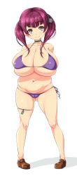 1girl :&gt; aged_up arms_behind_back belly bikini breasts brown_eyes dog_tags full_body heart heart-shaped_pupils highres huge_breasts loafers long_hair love_handles miyauchi_hina navel nekomamire original pigeon-toed plump purple_bikini purple_hair shoes side-tie_bikini_bottom simple_background smile solo standing swimsuit symbol-shaped_pupils twintails white_background rating:Questionable score:142 user:Mounitorirn