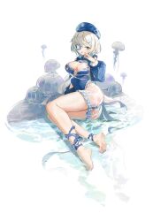  1girl 723_chfhrqur :o absurdres ass bare_legs barefoot blue_dress blue_eyes blue_hair blue_headwear blue_ribbon blue_theme breasts caustics character_request cleavage colored_inner_hair commentary copyright_request covered_navel dress english_commentary eyepatch frilled_dress frilled_shorts frills full_body hand_up hat highres jellyfish leg_ribbon legs light_blue_hair long_hair looking_at_viewer lying multicolored_hair on_side open_mouth revealing_clothes ribbon shorts soaking_feet soles solo thighs toes torn_clothes torn_dress two-tone_hair water wet wet_clothes wet_shorts white_background white_hair 