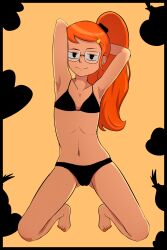  1girl absurdres armpits black_dress black_eyes dress everyfrost feet full_body glasses happy highres infinity_train legs looking_at_viewer nipples nude onion orange_hair pussy simple_background smile solo solo_focus tulip_olsen yellow_background 