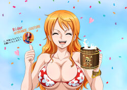  1girl 2024 artist_logo artist_name barefoot bikini blue_sky bouncing_breasts breasts closed_eyes day english_text female_focus heart large_breasts long_hair nami_(one_piece) one_piece open_mouth orange_couture orange_hair ponytail rider_(orange_couture) sky smile swimsuit text_focus thong thong_bikini translation_request 