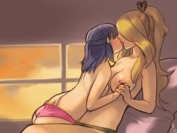 2girls age_difference alternate_hairstyle ass ass_grab asymmetrical_docking blonde_hair blue_hair blush breast_press breasts closed_eyes couple creatures_(company) cynthia_(pokemon) dawn_(pokemon) french_kiss game_freak hair_ornament hair_over_one_eye hairclip hand_in_panties height_difference kiss large_areolae large_breasts loli long_hair medium_breasts medium_hair multiple_girls nintendo nipples onee-loli panties pokemon reclining roarke_(lavenderincubus) topless underwear yuri rating:Questionable score:386 user:danbooru