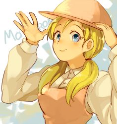  1990s_(style) 1girl blonde_hair blue_eyes blush breasts character_name closed_mouth dragon_ball dragon_ball_gt dragon_ball_z_kami_to_kami dragonball_z dress facing_viewer hair_tie hands_up happy hat holding holding_clothes holding_hat long_hair long_sleeves looking_at_viewer marron_(dragon_ball) medium_breasts neko_ni_chikyuu retro_artstyle shirt simple_background smile solo twintails upper_body  rating:General score:30 user:danbooru