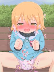  1girl absurdres bare_legs bdsm bench blonde_hair blush bondage bound bush diaper drooling female_ejaculation female_focus flat_chest highres kindergarten_uniform loli minis name_tag open_mouth outdoors peeing pink_diaper print_diaper restrained saliva sex_toy short_hair solo summon_night summon_night_2 tagme tears tongue underwear upskirt vibrator yakimochi5  rating:Explicit score:189 user:Muffio