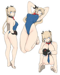  1girl arms_up ass barefoot black_ribbon blonde_hair blue_eyes blue_leotard bow bowtie breasts closed_mouth dead_or_alive gloves hair_ribbon hand_on_own_hip highleg highleg_leotard highres leotard long_hair marie_rose medium_breasts multiple_views red_bow red_bowtie ribbon simple_background sitting toshinoshin twintails white_background  rating:Sensitive score:14 user:danbooru