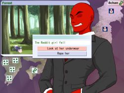  4chan 8chan colored_skin dialogue_box dialogue_options forest formal hands_on_own_hips japan nature rance rance_(series) red_skin reddit sengoku_rance smug suit underwear  rating:Questionable score:8 user:kuon