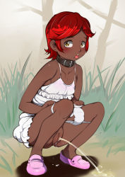 1girl bare_arms bare_shoulders blush cleft_of_venus collar collarbone dark-skinned_female dark_skin dress fat_mons female_focus full_body grass j7w loli looking_to_the_side open_mouth original panties panty_pull peeing pussy red_hair shoes solo squatting uncensored underwear white_dress white_panties rating:Explicit score:67 user:Domestic_Importer