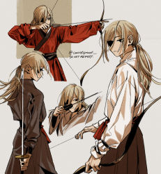  1girl arrow_(projectile) bow_(weapon) carrotsprout chainsaw_man chinese_clothes drawing_bow eyepatch grey_background grey_hair hanfu highres holding holding_bow_(weapon) holding_sword holding_weapon katana long_hair looking_at_viewer looking_to_the_side messy_hair ponytail quanxi_(chainsaw_man) robe simple_background solo sword twitter_username weapon white_robe  rating:General score:5 user:danbooru