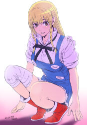  1girl arm_support bandage_on_knee black_bow black_bowtie black_ribbon blonde_hair blue_overalls bow bowtie braided_sidelock brown_eyes commentary dated dizzy_(other_zone) full_body hair_ribbon highres knees_up long_hair looking_at_viewer nanno_koto on_ground other_zone overalls parted_lips puffy_sleeves red_footwear ribbon shadow shirt signature simple_background solo squatting symbol-only_commentary white_background white_shirt 