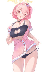  1girl bell black_bra black_choker black_panties blue_archive blush bra breasts brown_eyes cat_cutout cat_ear_panties cat_lingerie choker clothing_cutout commentary_request hair_ribbon halo hat highres jingle_bell large_breasts looking_at_viewer meme_attire neck_bell nurse_cap official_alternate_costume open_mouth panties pink_hair red_ribbon ribbon ryh4 serina_(blue_archive) serina_(nurse)_(blue_archive) short_hair short_sleeves side-tie_panties simple_background smile solo thighs underwear white_background yellow_halo 