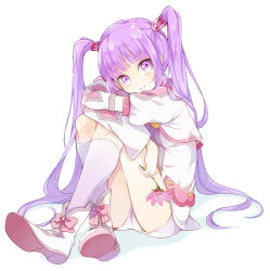 1girl crossed_arms fetal_position flower full_body holding hugging_own_legs crossed_legs long_hair long_sleeves looking_at_viewer official_alternate_costume purple_eyes purple_hair shorts sitting smile solo sophie_(tales) tales_of_(series) tales_of_graces tonshi twintails white_shorts rating:Sensitive score:13 user:danbooru