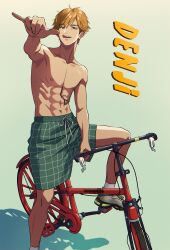  1boy abs absurdres bicycle blonde_hair brown_eyes chainsaw_man character_name collarbone denji_(chainsaw_man) green_shorts highres kaminari_ss male_focus navel photo-referenced shadow sharp_teeth shoes shorts sitting sneakers socks solo teeth toned toned_male tongue tongue_out topless_male white_socks 