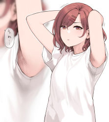 1girl armpits arms_behind_head arms_up breasts brown_eyes brown_hair commentary_request hair_ornament hairclip higuchi_madoka idolmaster idolmaster_shiny_colors looking_at_viewer medium_breasts medium_hair mole mole_under_eye multiple_views presenting_armpit red_hair shirt short_sleeves sunaba_suzume sweat upper_body white_background white_shirt rating:Sensitive score:99 user:danbooru
