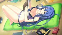  1/7_no_mahoutsukai 1girl barefoot blue_eyes blue_hair book bow bow_bra bow_panties bra breasts chips_(food) cleavage dutch_angle female_focus food full_body game_cg highres kirishima_misuzu large_breasts long_hair looking_at_viewer lying matching_hair/eyes on_back panties pocky potato_chips solo t-ray tel-o underwear  rating:Questionable score:20 user:Aurora_