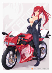  1girl areola_slip bare_shoulders biker_clothes bikesuit bodysuit breasts cleavage erza_scarlet fairy_tail highres large_breasts latex long_hair motor_vehicle motorcycle no_bra ponytail red_hair solo sweat unzipped unzipping virus-g  rating:Questionable score:51 user:titaniakh