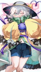  1girl absurdres ahoge black_hat blue_shorts blush border bow bright_pupils commentary_request crossed_bangs eyeball feet_out_of_frame frilled_scarf green_eyes green_scarf grey_hair hair_between_eyes hands_up hat hat_bow heart heart_of_string highres holding_eyeball jacket komeiji_koishi kumao_shamu115 medium_hair navel one_eye_closed pink_background scarf shirt shorts simple_background sleeves_past_fingers sleeves_past_wrists solo standing third_eye touhou touhou_gensou_eclipse white_border white_pupils white_shirt yellow_bow yellow_jacket zipper  rating:General score:0 user:danbooru