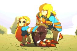  1boy 1girl :t all_fours animated animated_gif annoyed ass bad_id bad_tumblr_id blonde_hair diives grass kneeling link looking_at_viewer nintendo on_one_knee pointy_ears pout princess_zelda spanked spanking the_legend_of_zelda the_legend_of_zelda:_breath_of_the_wild thumbs_up tree  rating:Sensitive score:327 user:danbooru