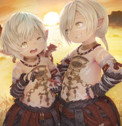 2boys backlighting belly blonde_hair bodypaint breath_weapon breathing_fire dragon dragon_on_shoulder earrings ell evening facial_mark final_fantasy final_fantasy_xiv fire gloves grin half_gloves height_difference highres holding jewelry lalafell male_focus medium_hair multiple_boys one_eye_closed open_mouth outdoors pointy_ears short_hair sky smile stomach sun sunset upper_body warrior_of_light_(ff14)