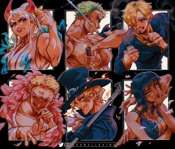 2girls 4boys ascot bandana_around_arm black_coat black_gloves black_hair black_jacket blonde_hair blue_eyes blue_hair blunt_bangs cigarette clenched_hand coat commentary crop_top cross-laced_clothes cross-laced_top curly_eyebrows donquixote_doflamingo earrings embers extra_arms feather_coat formal glint gloves goggles goggles_on_headwear green_hair hair_ornament hair_over_one_eye hana_hana_no_mi hat highres holding holding_lighter holding_weapon hoop_earrings horns instagram_logo instagram_username jacket japanese_clothes jewelry kimono lighter looking_at_viewer medium_hair multicolored_hair multiple_boys multiple_drawing_challenge multiple_girls nico_robin one_piece petals pink_coat pink_petals ponytail profile red_horns roronoa_zoro sabo_(one_piece) sanji_(one_piece) scar scar_on_chest scar_on_face shirt short_hair sidelocks sleeveless sleeveless_kimono sleeveless_shirt smile suit sunglasses top_hat topless_male twitter_logo twitter_username upper_body vanxllavina weapon weapon_in_mouth white_ascot white_hair white_kimono yamato_(one_piece)