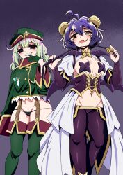  2girls ahoge araga_kiwi bat_wings black_corset black_nails black_panties blue_hair boots breasts brooch corset cross cross-shaped_pupils cross_facial_mark demon_horns demon_wings empty_eyes facial_mark fangs fingernails forward_facing_horns garter_straps gloves green_footwear green_gloves green_hair green_hat green_jacket grin groin half-closed_eyes hand_to_own_mouth hat hat_ornament highres hiiragi_utena holding_riding_crop horns jacket jewelry leoparde_(mahou_shoujo_ni_akogarete) looking_at_viewer low_twintails low_wings lowleg lowleg_panties lowleg_pants magia_baiser magical_girl mahou_shoujo_ni_akogarete mamiyama medium_breasts medium_hair military_hat military_jacket mole mole_under_eye multiple_girls navel no_pants open_mouth panties pants pasties puffy_short_sleeves puffy_sleeves purple_eyes sharp_fingernails short_hair short_sleeves showgirl_skirt side-by-side smile standing star_(symbol) star_brooch star_hat_ornament string_panties symbol-shaped_pupils thigh_boots twintails underwear very_long_sleeves white_shrug wings yellow_eyes yellow_horns 