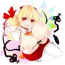 1girl alternate_breast_size ascot blonde_hair blush breasts breasts_out elbow_gloves flandre_scarlet gloves hat heart heart-shaped_pupils huge_breasts kereno lactation laevatein large_breasts looking_at_viewer nipples open_mouth oppai_loli red_eyes short_hair side_ponytail simple_background skirt solo symbol-shaped_pupils thighhighs touhou white_background white_gloves white_thighhighs wings rating:Questionable score:104 user:danbooru