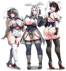  3girls animal_ears ass breasts bunny_ears bunny_tail commentary curvy hand_on_own_ass hand_on_own_head high_heels highres huge_breasts jingei_(kancolle) kaga_(kancolle) kamoi_(kancolle) konoshige_(ryuun) multiple_girls playboy_bunny simple_background skindentation tail thighhighs tray underboob white_background 