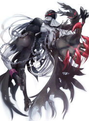  1girl animate_object ass bare_shoulders beriko_(dotera_house) black_bodysuit bodysuit breasts colored_skin digimon digimon_(creature) eye_trail fangs full_body glowing glowing_eyes grey_hair grey_skin highres ladydevimon large_breasts light_trail mask red_eyes simple_background skin_fangs solo stitched_mouth stitches torn_bodysuit torn_clothes white_background 