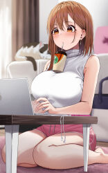  1girl bare_legs barefoot breasts brown_eyes brown_hair bubble_tea_challenge cat computer dolphin_shorts drinking drinking_straw highres indoors laptop large_breasts looking_at_object medium_hair mole mole_on_arm ol-chan_(udon) original pink_shorts short_shorts shorts sitting sleeveless sleeveless_sweater solo sweater udon_(udonalium) wariza white_sweater 