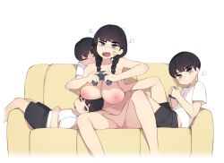  1girl 3boys annoyed arms_at_sides bandaid bandaid_on_face bare_legs black_hair black_shorts blue_eyes braid breasts breath clothed_male_nude_female completely_nude controller convenient_censoring convenient_leg couch elder_sister_(pepper0) feet_out_of_frame from_side full_body game_controller head_tilt highres incest lap_pillow large_breasts medium_hair motion_lines multiple_boys nipples nude one_eye_closed open_mouth pepper0 shirt short_hair short_sleeves shorts shota simple_background source_request spread_legs tsurime twintails v-shaped_eyebrows very_short_hair white_background white_shirt  rating:Explicit score:540 user:Hamaterasu25