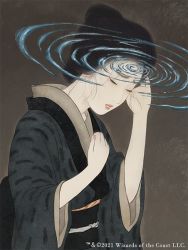  1girl 2021 black_hair black_kimono closed_eyes geisha gradient_background grey_background hair_bun hand_on_chest hand_on_own_head headache japanese_clothes kimono magic:_the_gathering obi open_mouth pale_skin ripples romiy sash short_hair simple_background single_hair_bun solo standing upper_body wide_sleeves wizards_of_the_coast  rating:Questionable score:4 user:Flummoxen