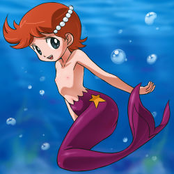 1970s_(style) 1girl air_bubble blue_eyes blush brown_hair bubble completely_nude fins fish_tail flat_chest gem hair_ornament haruyama_kazunori loli looking_at_viewer lowres mermaid monster_girl nipples nude ocean oldschool open_mouth orange_hair pearl_(gemstone) pipi_(umi_no_triton) purple_tail retro_artstyle short_hair small_areolae small_nipples smile solo star_(symbol) tail umi_no_triton underwater